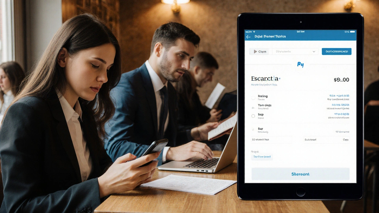 Professionals in a Bethnal Green café, with a discreet digital platform visible on a tablet.