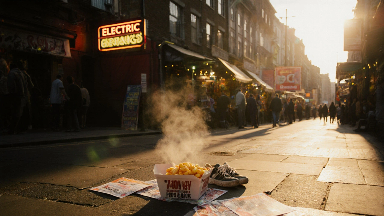Quiet sunrise outside Electric Brixton with takeaway food and open market stalls.