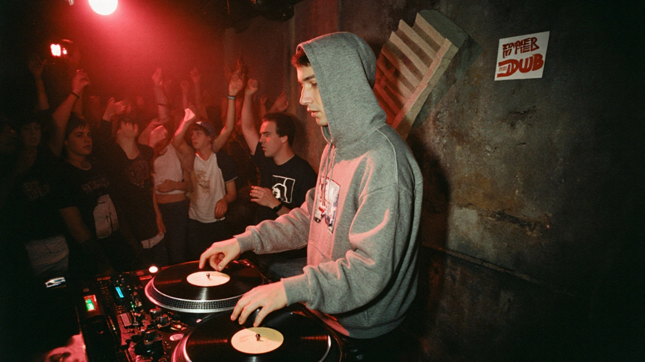 Small underground crowd in Fabric 2, early 2000s, with a DJ spinning vinyl under dim red lights.