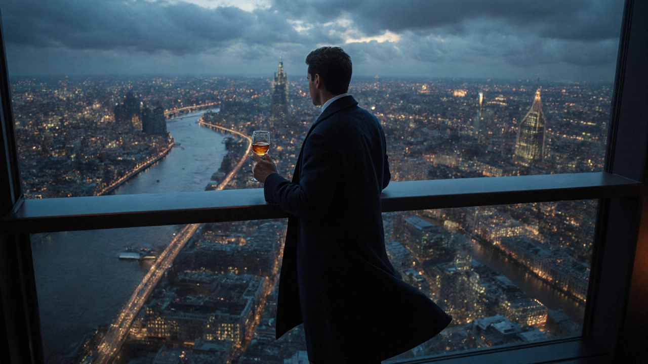 Solo figure at Bar 133 overlooking London&#039;s illuminated skyline at night.