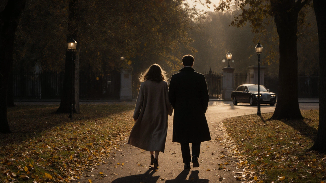 Two figures walking peacefully through Hyde Park at dusk, golden leaves falling around them under soft lamplight.