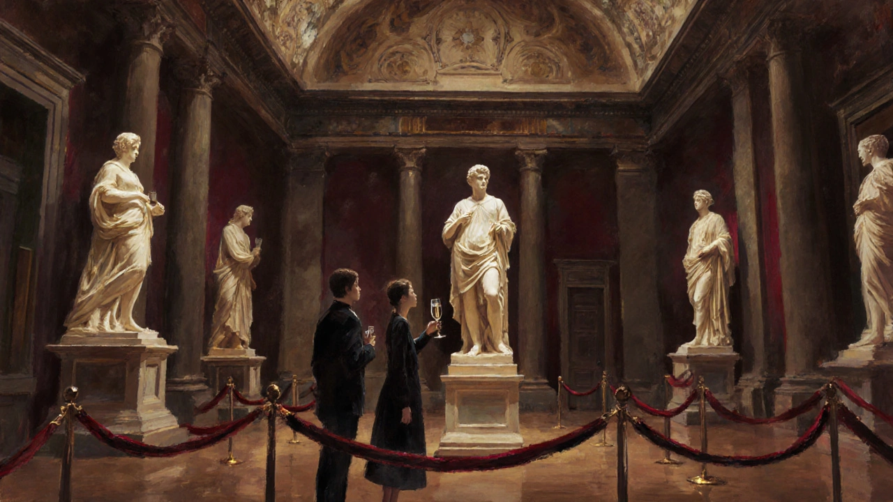 Two people admiring art in the empty V&amp;A Museum after hours.