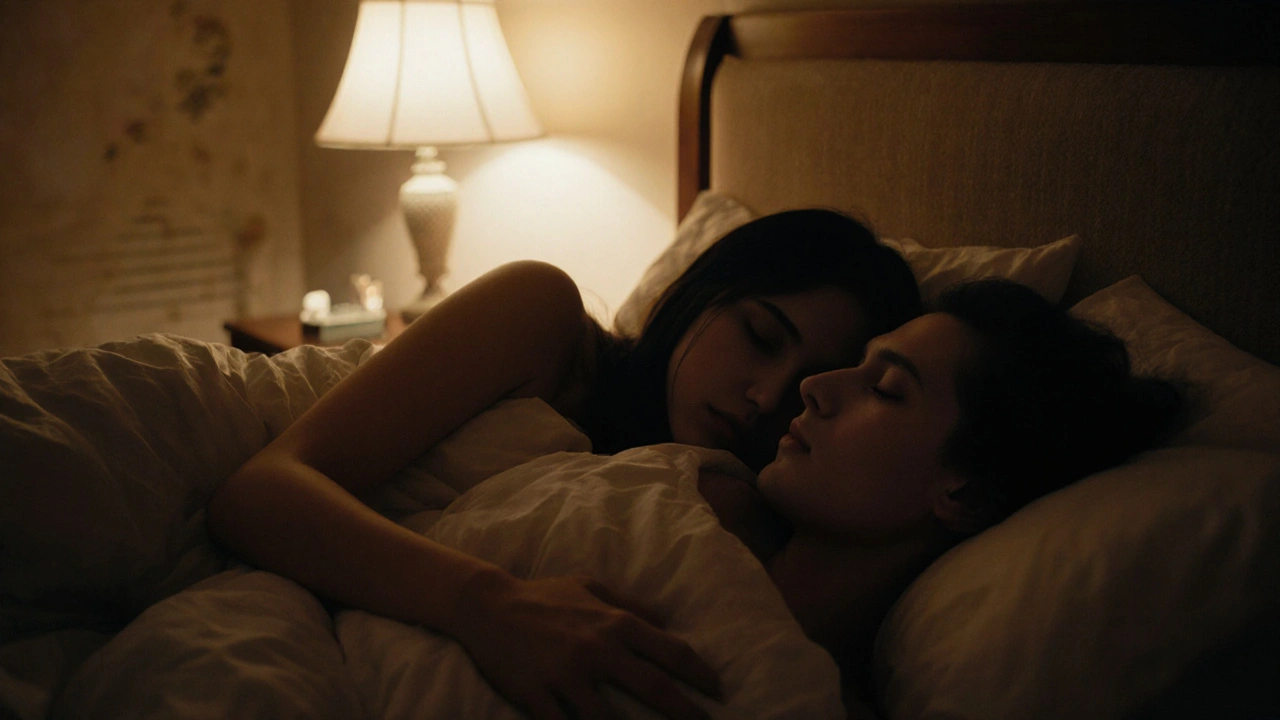 Two silhouetted figures holding hands in bed, soft light, emotional connection, no faces visible.