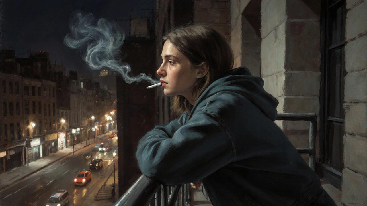 Woman in hoodie on a fire escape overlooking Shoreditch at night