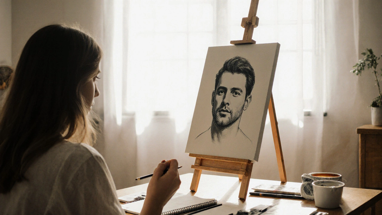 Woman sketching a man’s portrait in a sunlit studio, quiet and intimate.
