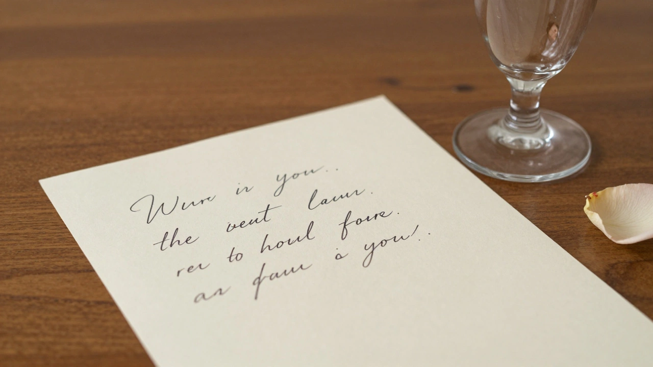 A handwritten thank-you note beside an empty champagne flute and a rose petal on a wooden table.