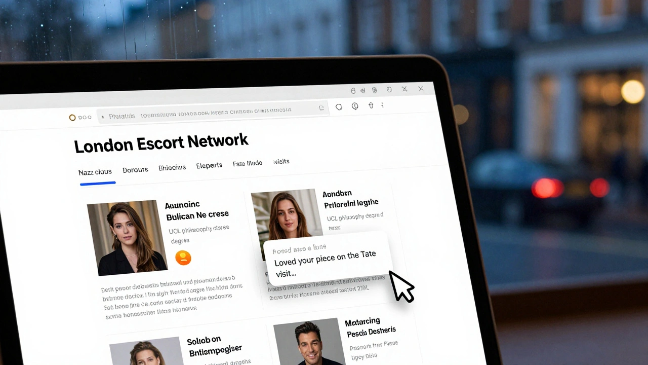 A laptop screen showing a detailed escort profile on a private London forum, rain on the window behind.