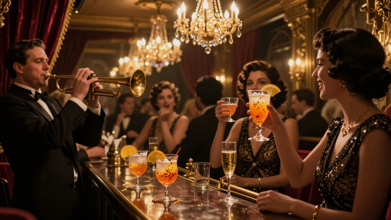 A lively 1920s-style cocktail bar with chandeliers, jazz musicians, and guests clinking glasses in elegant attire.