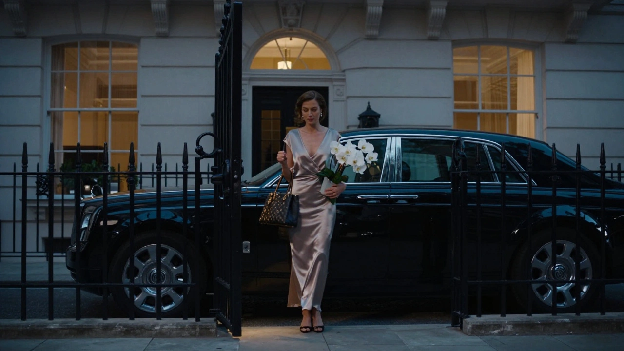 A luxury car waiting outside a historic townhouse as a woman steps out at dusk, exuding quiet elegance.