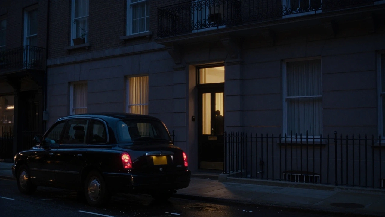 A luxury townhouse in Chelsea at dusk, a black cab pulling away, a single glowing window hinting at privacy and discretion.