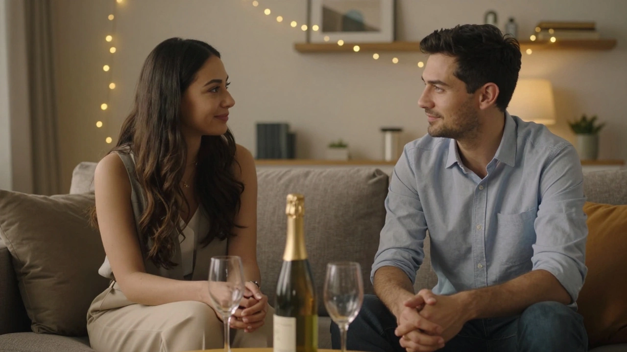 A man and woman having a calm, respectful conversation in a softly lit private apartment.