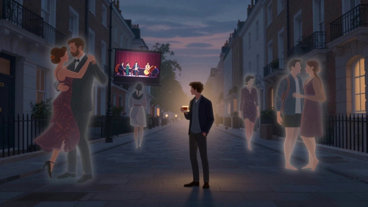 A man holds tea at dawn as ghostly memories of shared moments float around him.