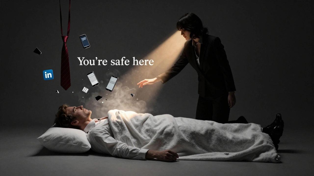 A man lies under a floating blanket as fragments of his digital life dissolve around him, while a woman’s silhouette gently tucks him in with warm light.