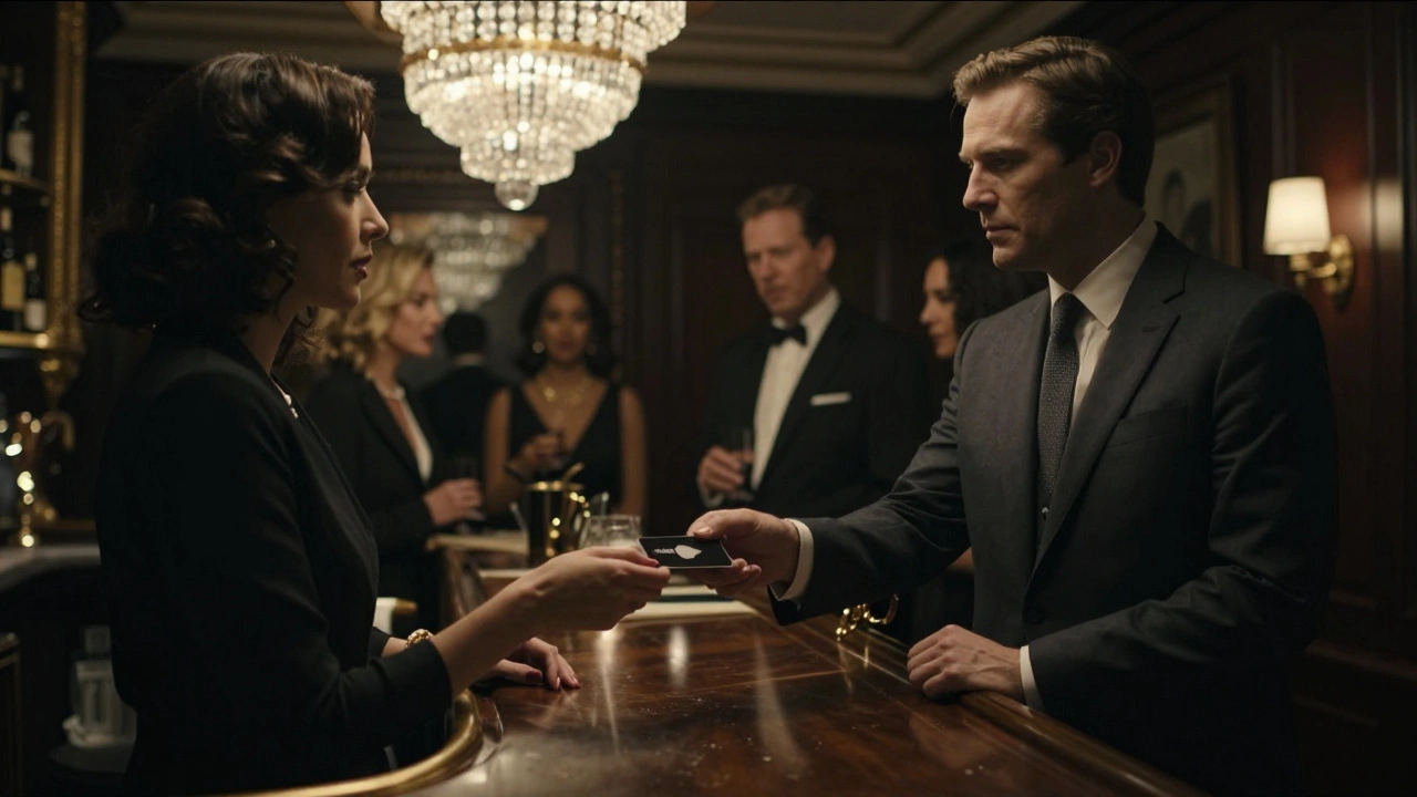 A man receives a discreet card from a woman in an exclusive London members&#039; club.