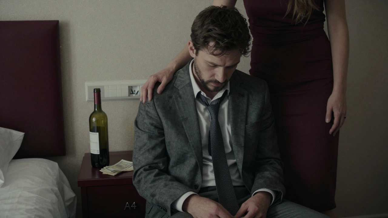 A man sits in a hotel room, a woman&#039;s hand resting on his shoulder—intimate, faceless, conveying quiet comfort and emotional connection.