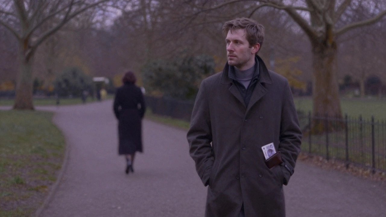 A man walking alone through Hyde Park at dusk, a woman’s silhouette fading into the trees.