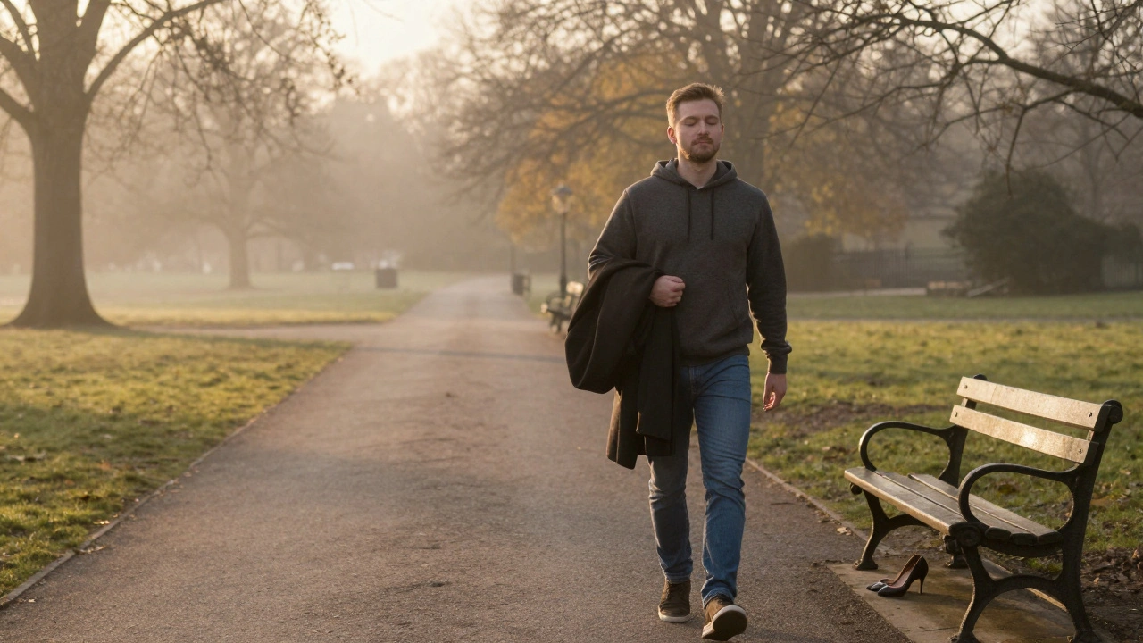 A man walking alone through Hyde Park at sunrise, finding peace after an intimate encounter.