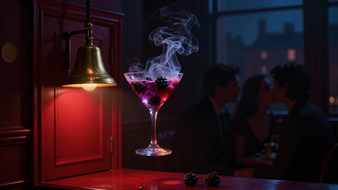 A mysterious speakeasy with a glowing bell and a smoky cocktail floating in midair, bathed in crimson light.