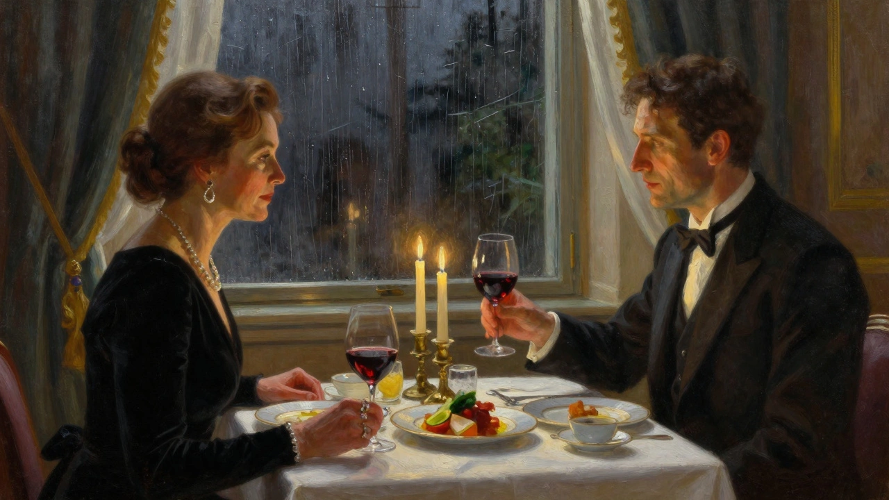 A private candlelit dinner in a luxury hotel suite, with a woman serving wine to a man, rain visible on the window behind them.
