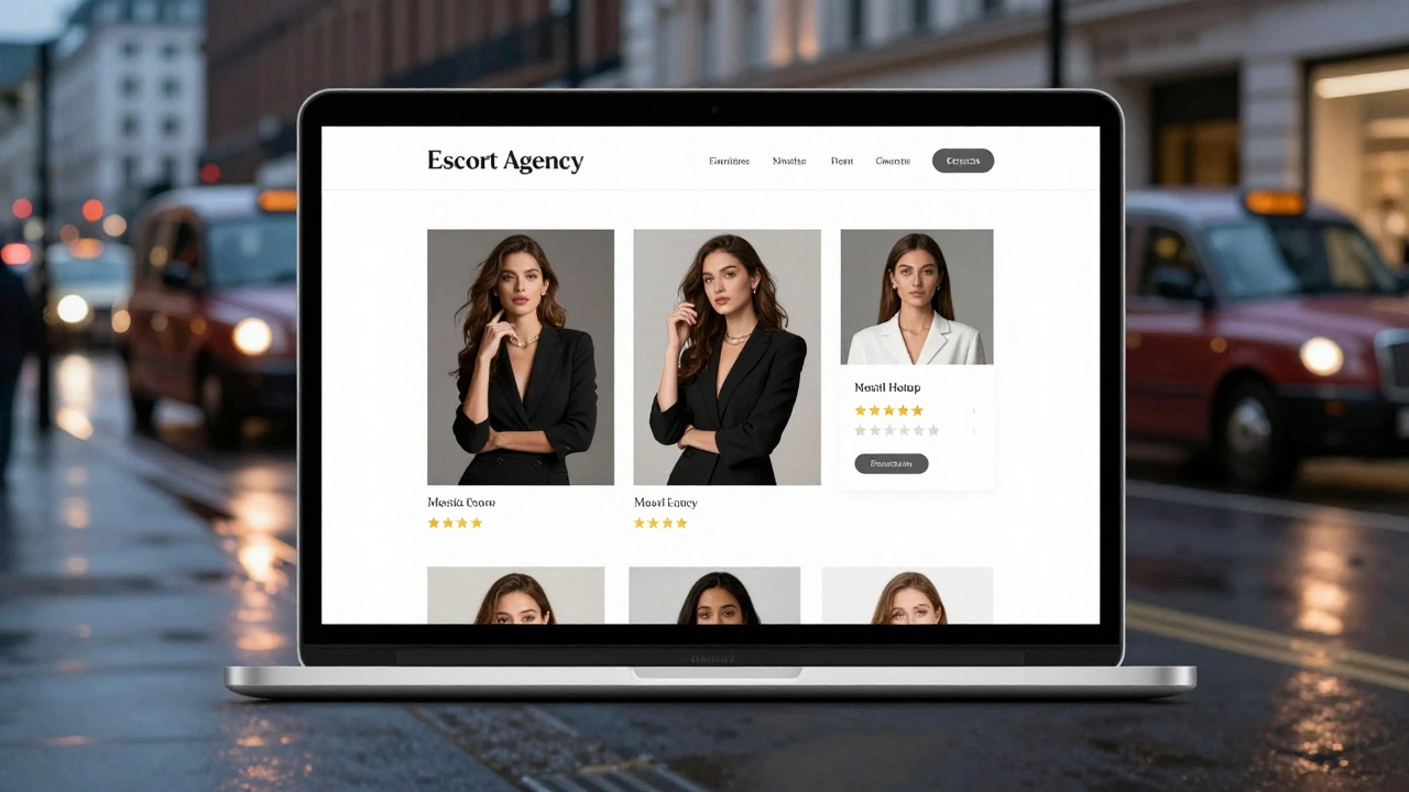 A professional escort agency website on a laptop, showing verified profiles and a blurred London night view.