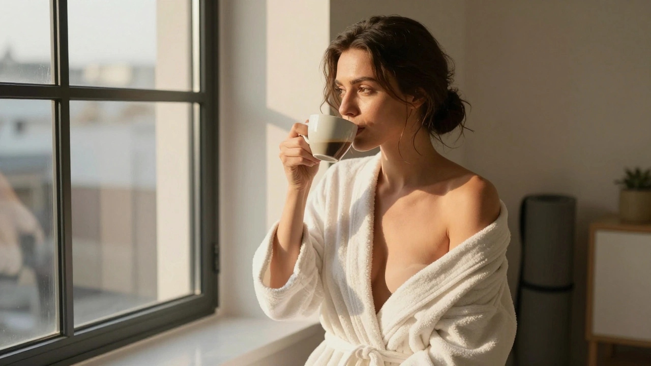 A professional escort sips espresso in natural daylight, bare-shouldered and makeup-free, in a minimalist Kensington apartment.