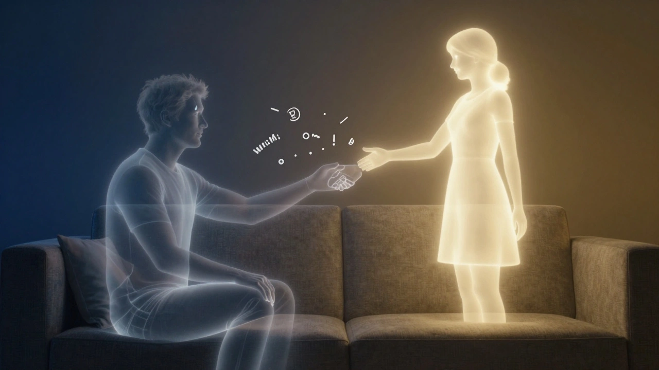A surreal representation of emotional connection between two people, with abstract glowing fragments of human warmth.