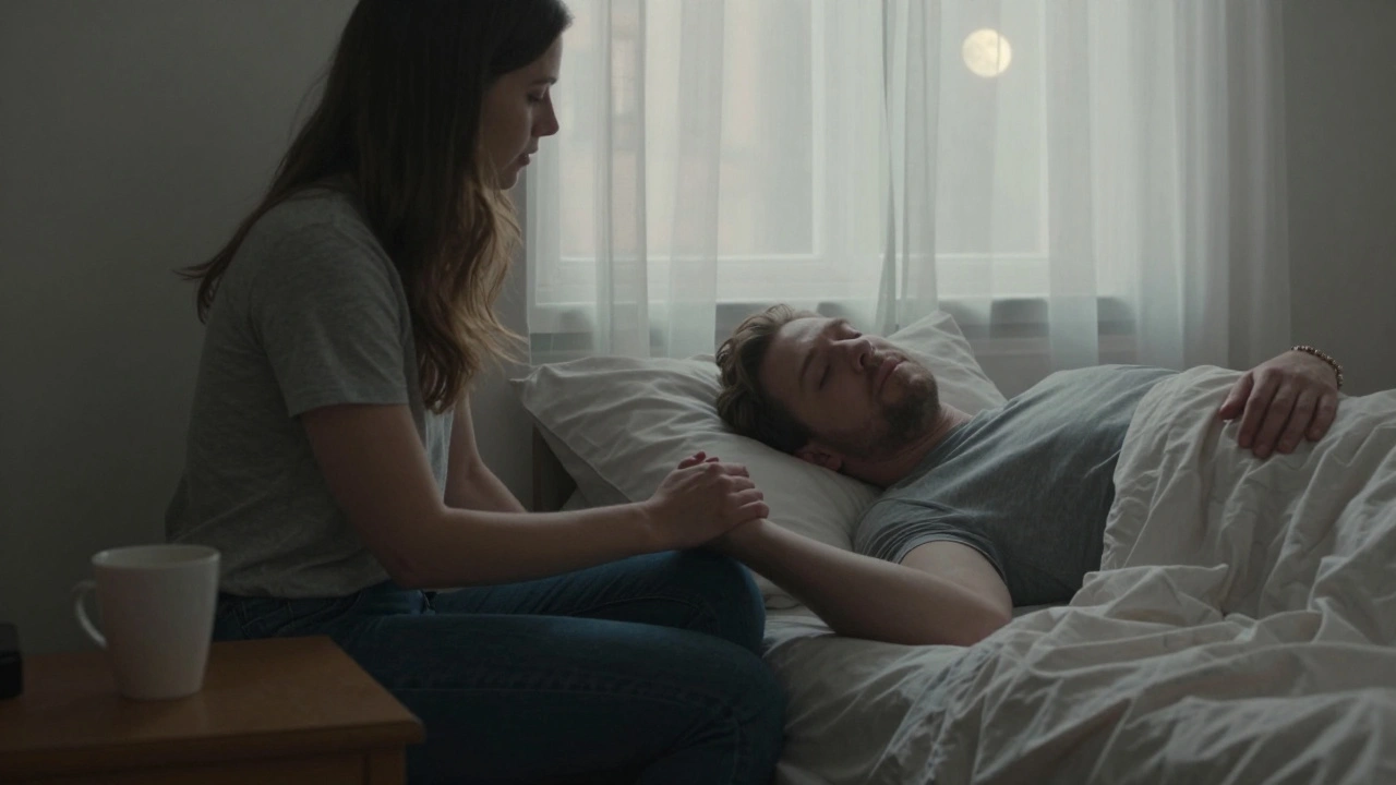 A woman gently holding a man's hand in a quiet flat, moonlight casting soft shadows.