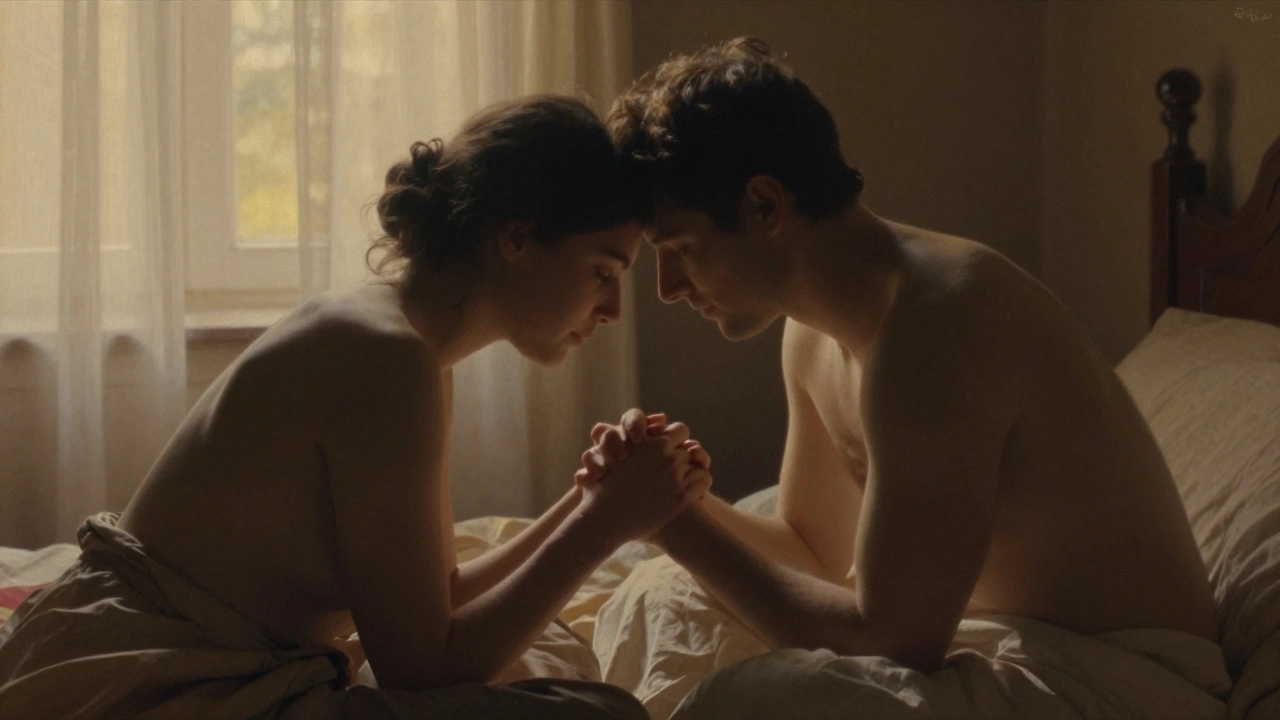 A woman gently holds a man&#039;s hand as they share a quiet, emotional moment in soft afternoon light.