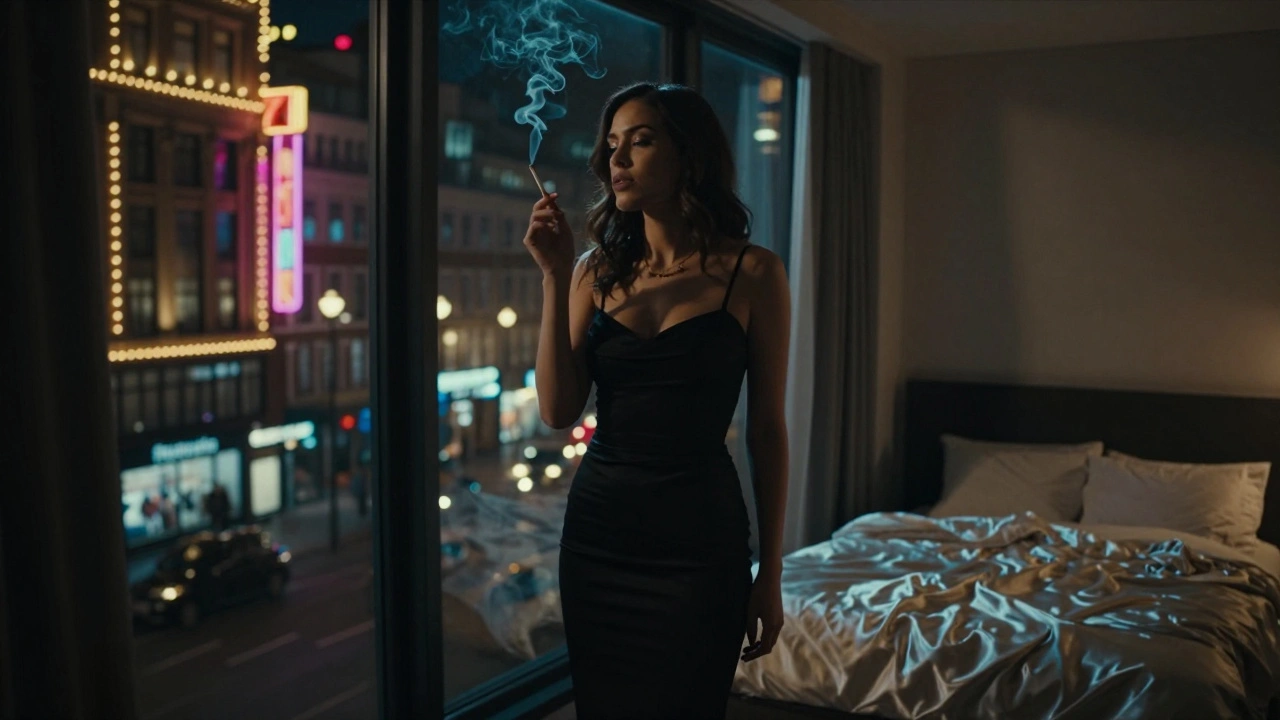 A woman in a black dress stands by a window in Knightsbridge, cigarette smoke curling as city lights reflect in her eyes.