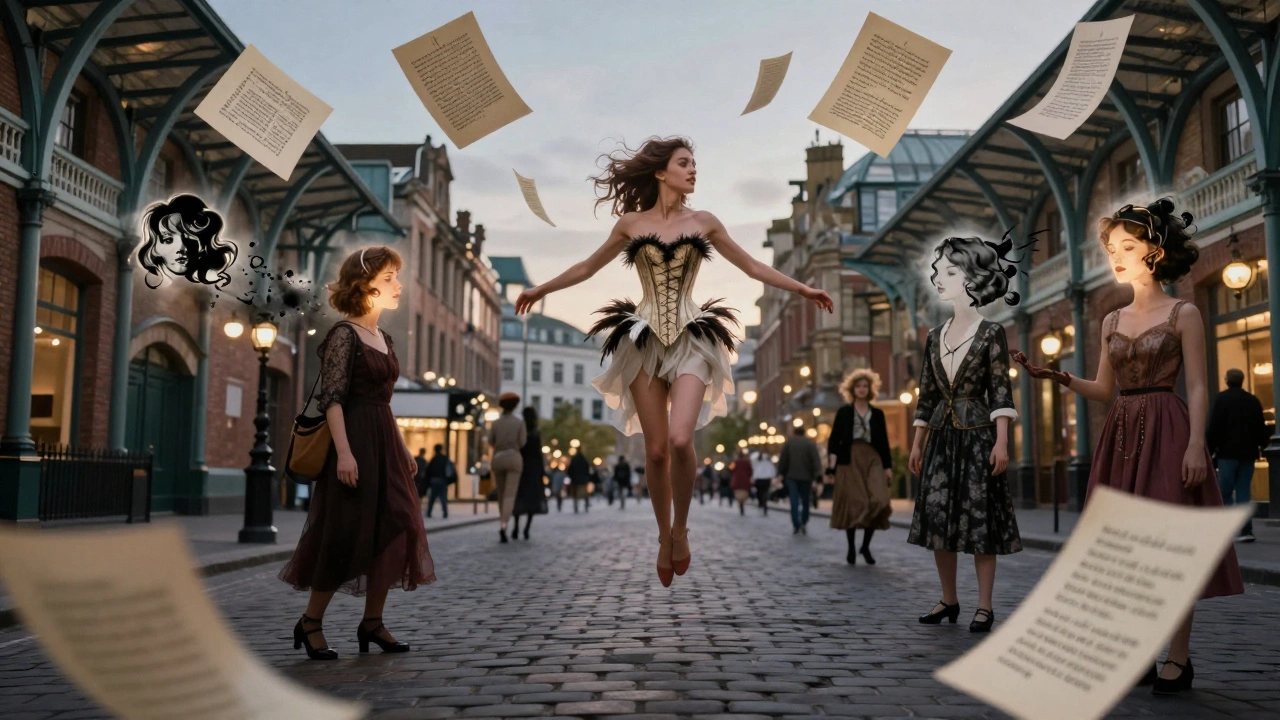 A woman in a feathered corset floats above Covent Garden surrounded by floating poetry pages and vintage lingerie.