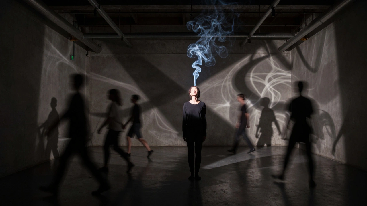 Abstract motion trails in a dim industrial basement club at night