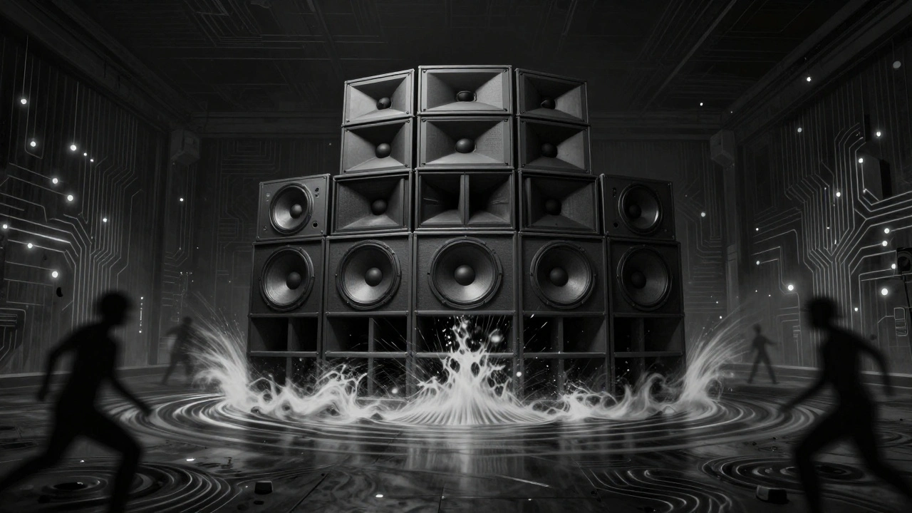 Abstract representation of powerful sound waves vibrating through a club&#039;s walls and floor.