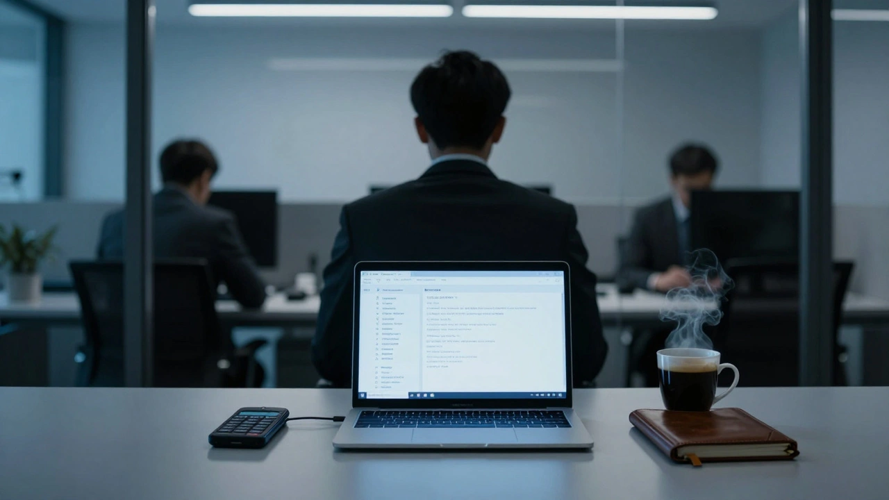 An encrypted agency profile on a laptop screen, with no photos, only text details in a sterile office.