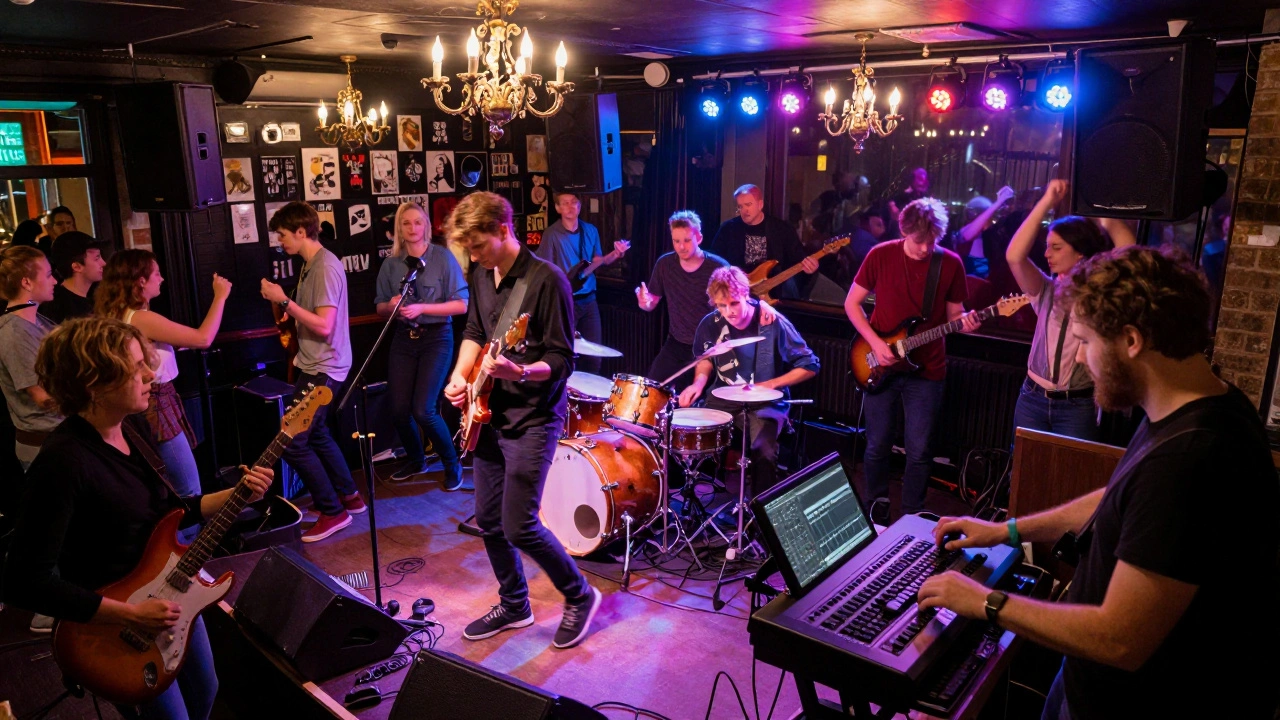 An energetic indie concert at The Jazz Café with a full band and vibrant lighting.