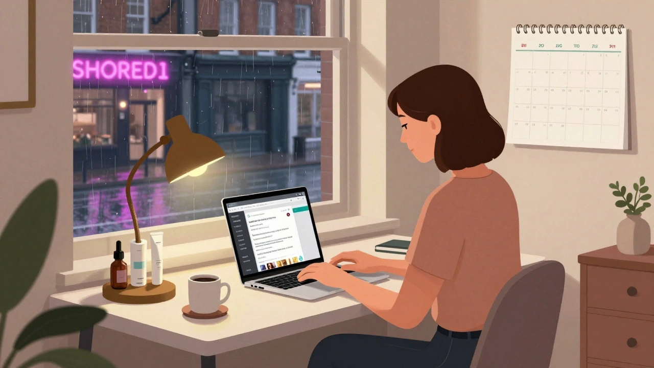 An independent escort working professionally from her apartment, typing on a laptop with skincare and coffee nearby.