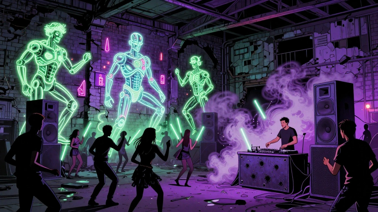 An underground warehouse party in Hackney with glowing murals and a crowd dancing under neon lights and smoke.