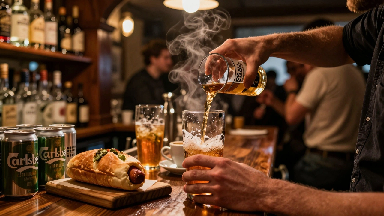 Bar at Electric Brixton with pint of beer, gin bottle, and vegan sausage roll under warm lighting.