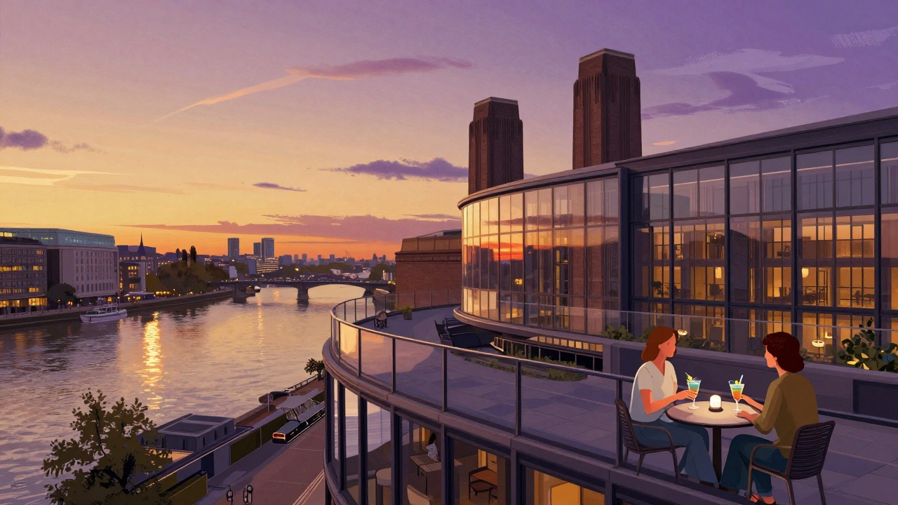 Couples enjoying cocktails on a glass-walled rooftop terrace overlooking the Thames at sunset.