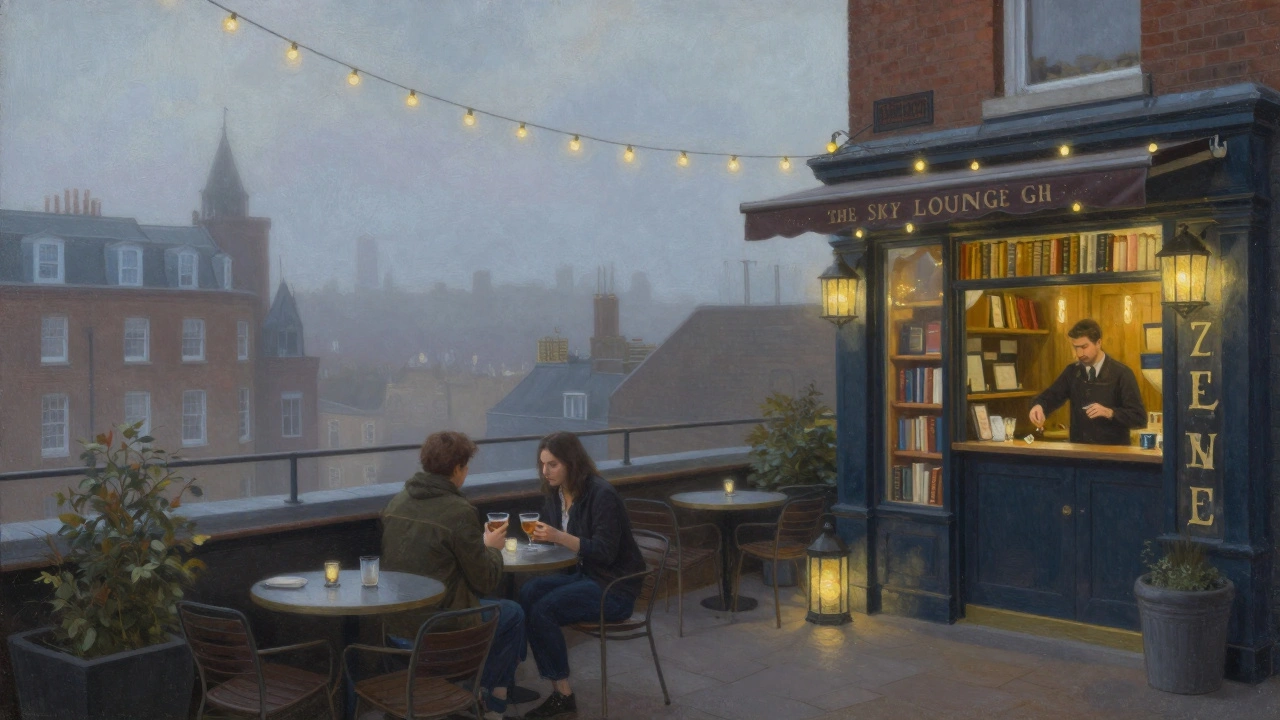 Cozy hidden rooftop with fairy lights and a quiet couple, nestled among Clerkenwell’s brick buildings.