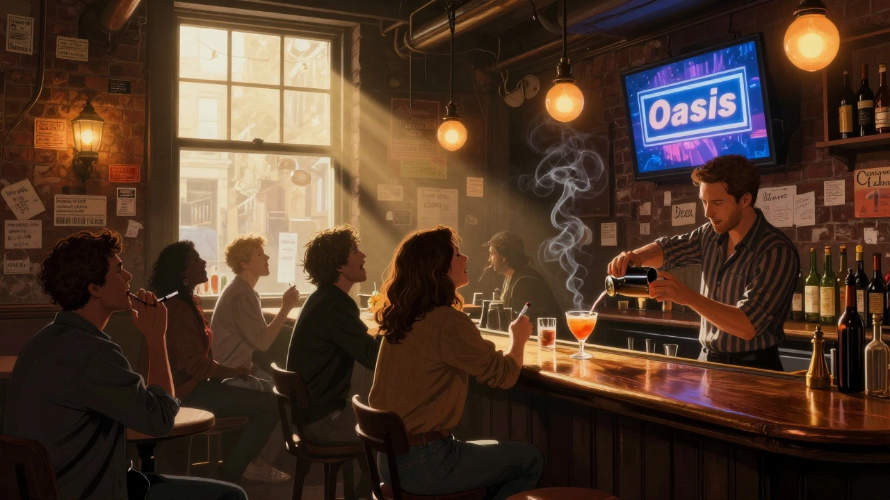 Crowd singing karaoke in The Punch Bowl basement bar as dawn light enters the window.