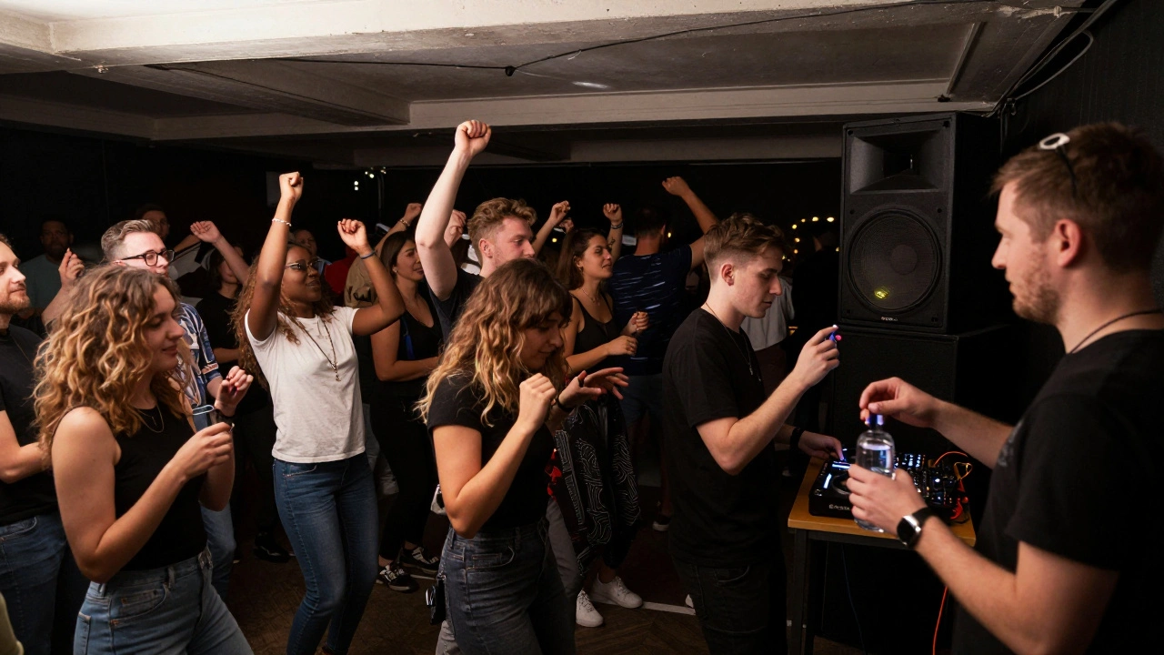 Diverse crowd dancing at Fabric today, a bouncer offering earplugs, original wiring visible overhead, no logos or branding in sight.