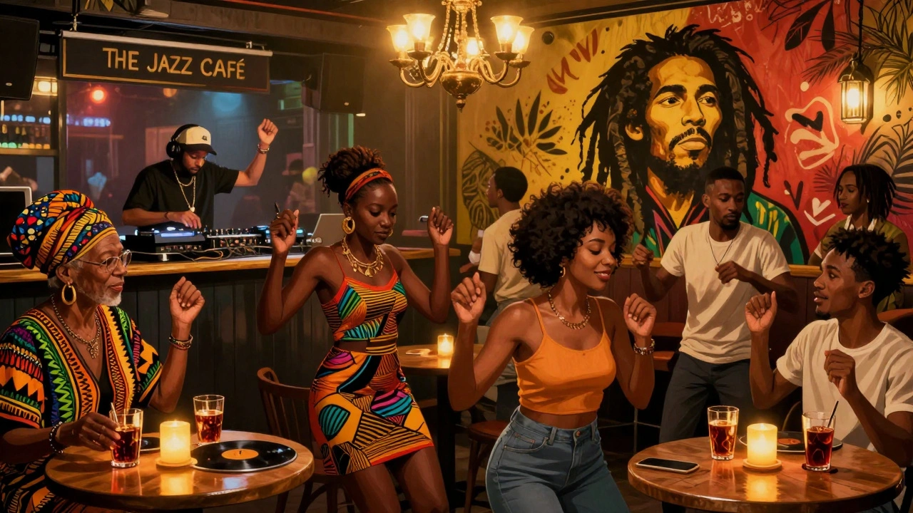 Diverse group dancing at The Jazz Café to afrobeats under a golden chandelier.