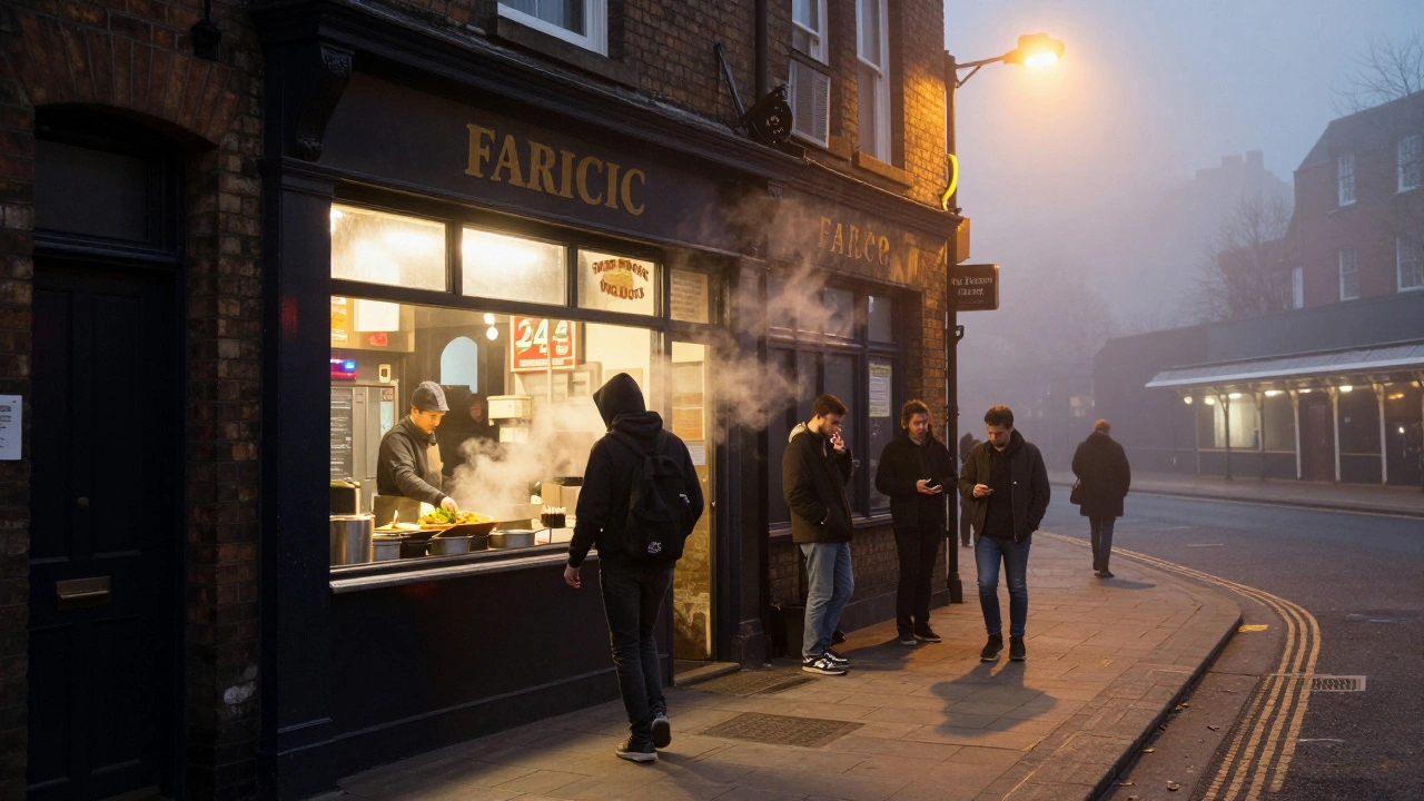 Early morning outside Fabric: person exiting club as kebab shop glows and strangers smoke on sidewalk