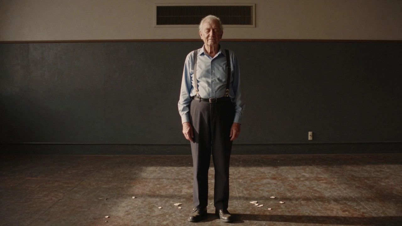 Elderly man standing alone in empty club at dawn, smiling as bass echoes around him.