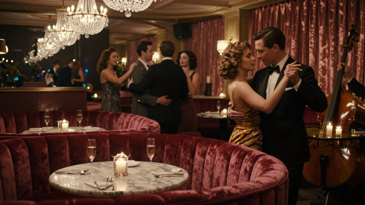Elegant crowd dancing under crystal chandeliers in Annabel's Mayfair club