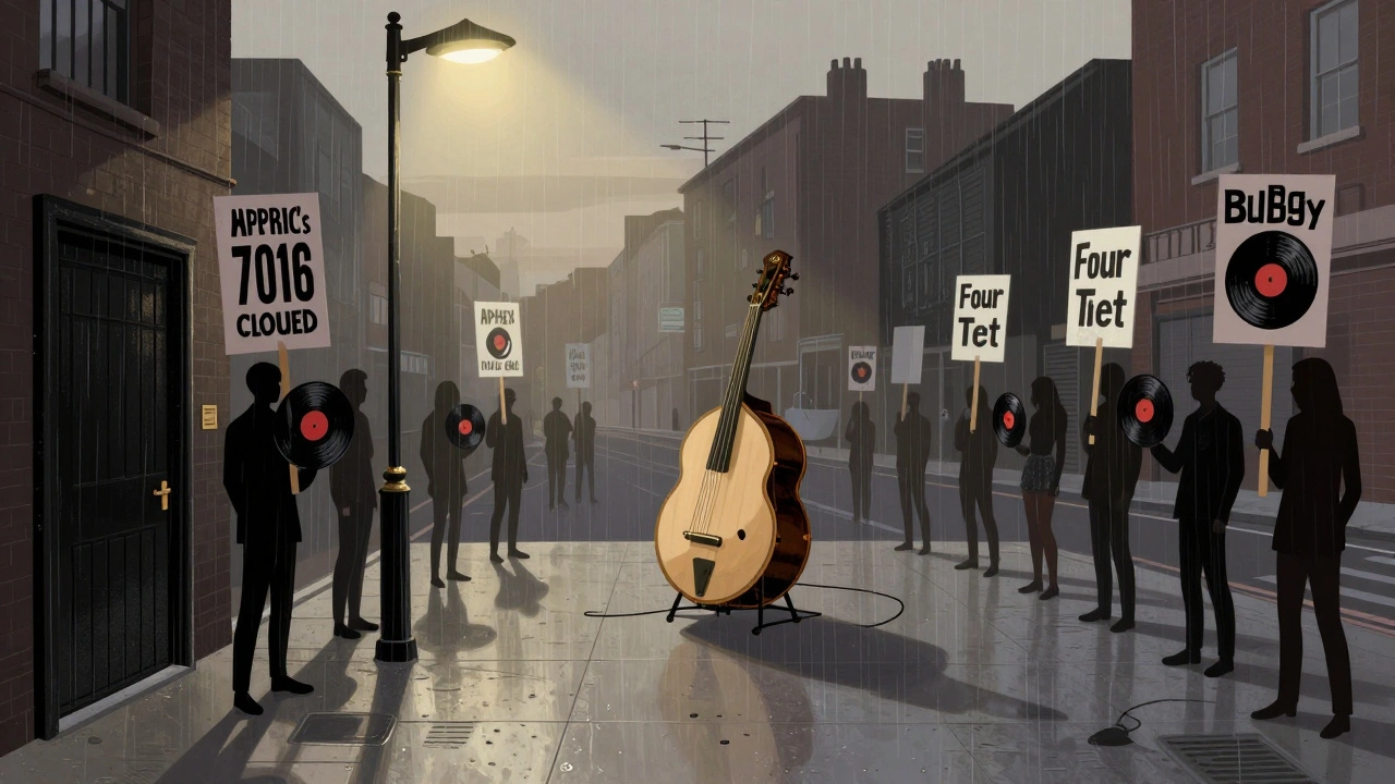 Empty Fabric nightclub at dawn after protests, with silhouettes of musicians holding records outside the black door in the rain.