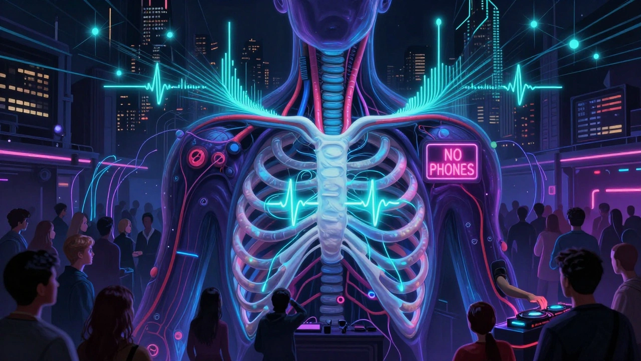 Fabric as a living organism, sound waves as arteries, neon sign as heartbeat monitor, glowing bass frequencies.