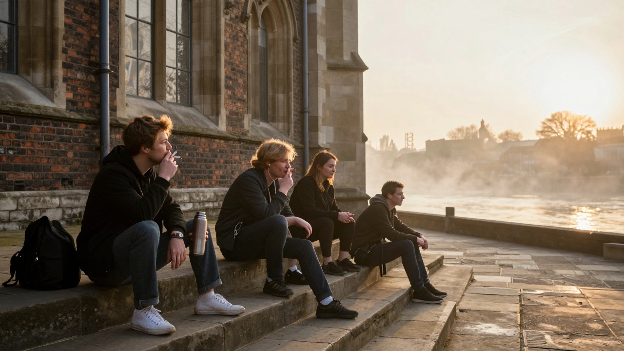 Former ravers sitting on steps at dawn after Fabric, sharing cigarettes and quiet moments.