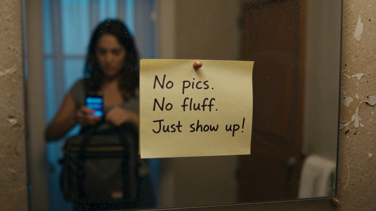 Handwritten note on bathroom mirror saying &#039;No pics. No fluff.&#039; with blurred woman packing nearby.