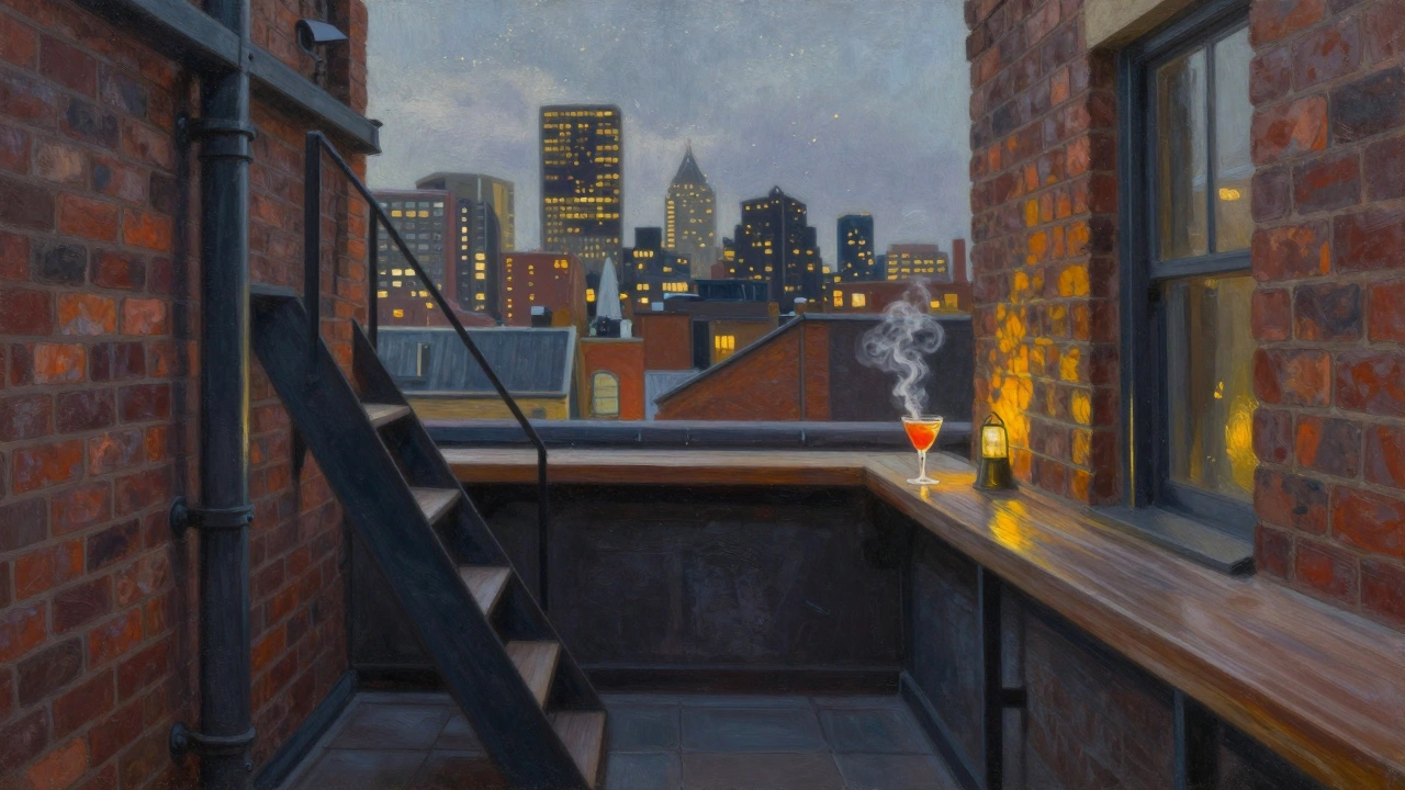 Hidden rooftop bar atop a brick warehouse with glowing city skyline, no people, just a drink on the ledge.